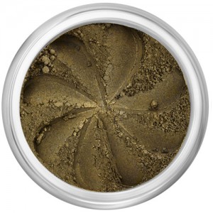 Matte dark olive brown in a natural loose mineral powder formulation.